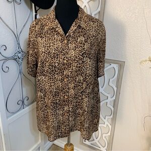Emma James leopards print fabric,short sleeve, button down shirt top blouse.